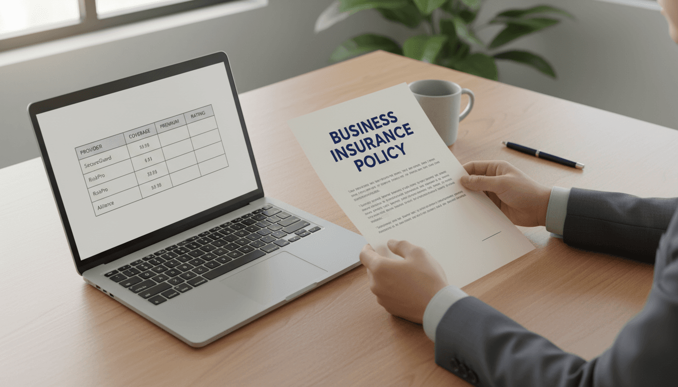 Business owner reviewing insurance documents on desk with laptop