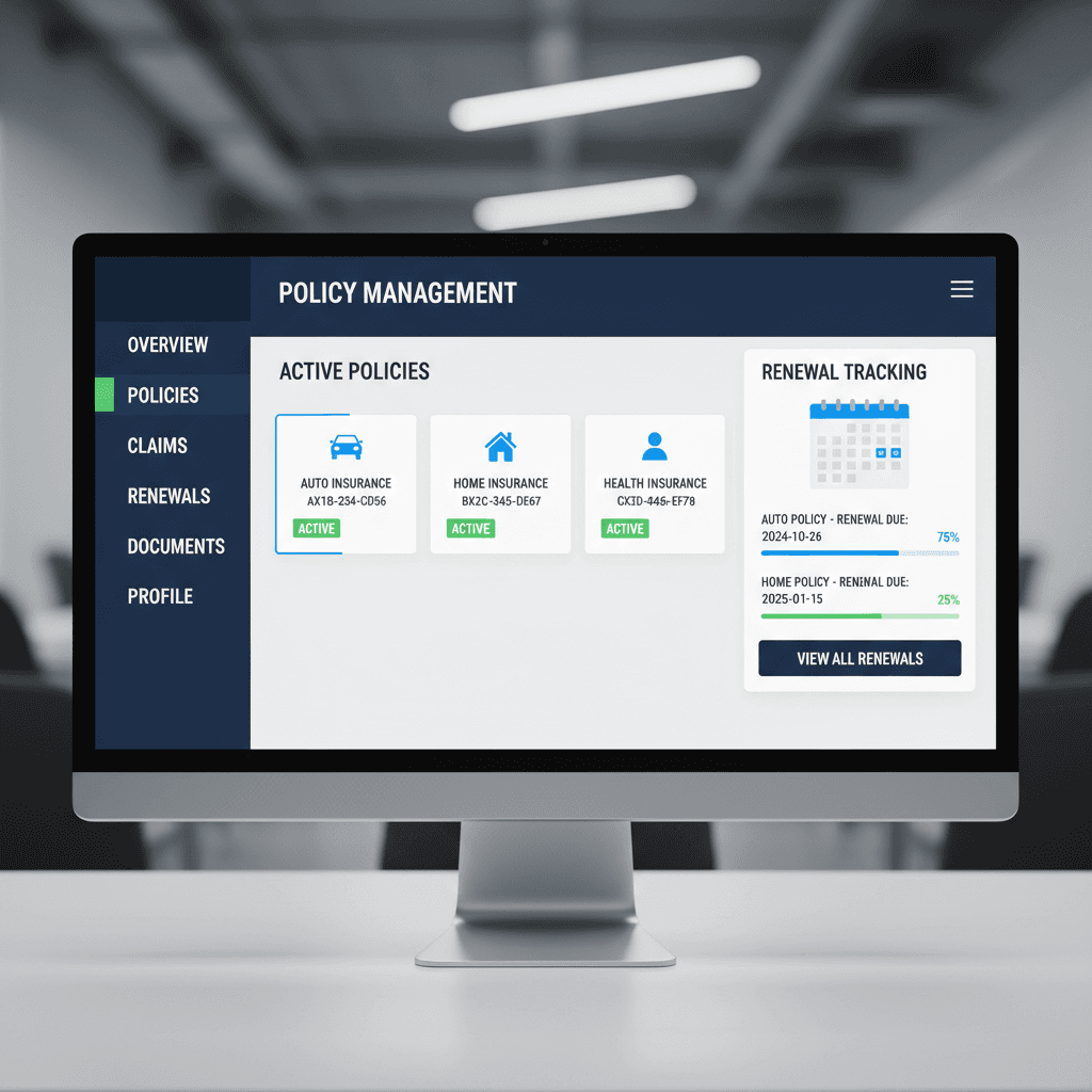 Digital insurance management dashboard showing active policies