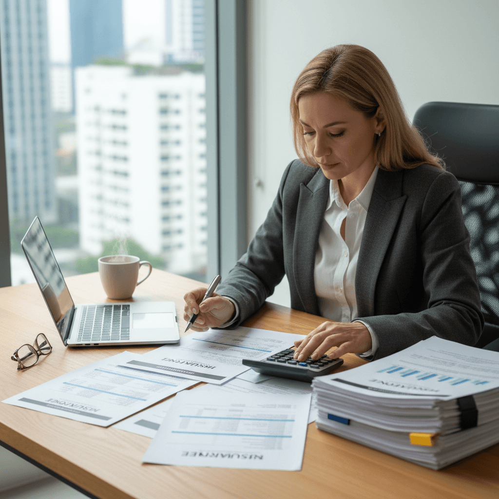 Business owner comparing insurance quotes on laptop