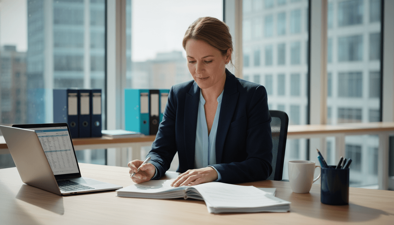 Business owner reviewing insurance documents at desk