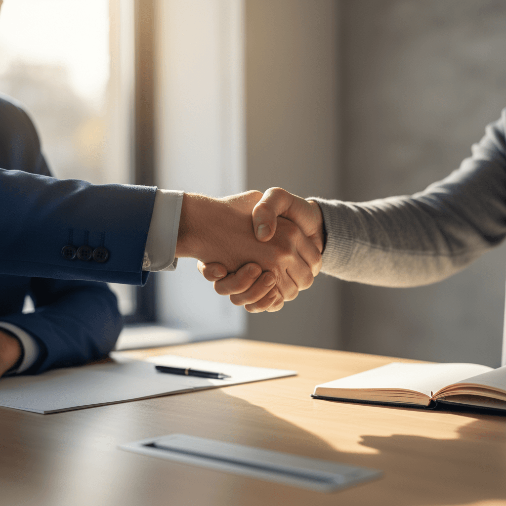Two professionals shaking hands over desk in natural light, conveying business agreement and trust
